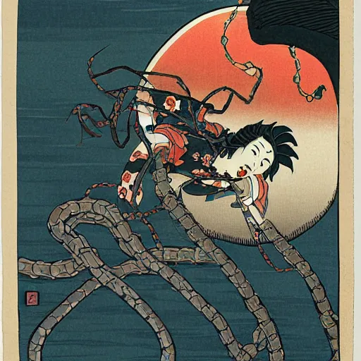 Image similar to greeting card by hokusai, samurai man vagabond with a moon behind him, the samurai is wrapped in chains, detailed, editorial illustration, matte print, concept art, ink style, sketch, digital 2 d