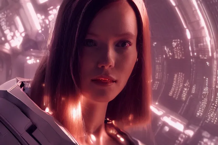 Image similar to VFX movie of a futuristic space woman model gorgeous portrait in inhuman future spaceship, cyberpunk dress, beautiful natural skin natural lighting by Emmanuel Lubezki