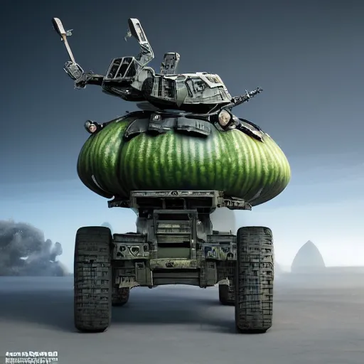 Image similar to Very very very very highly detailed sci-fi Watermelon military vehicle with epic weapons . Photorealistic Concept 3D digital art rendered in Highly Octane Render in style of Hiromasa Ogura Gost in the shell, epic dimensional light