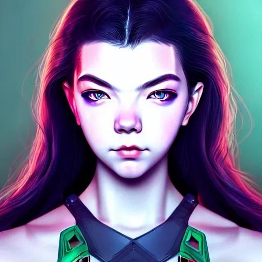 Image similar to closeup front orthographic portrait of anya taylor joy seductive cyberpunk, japanese style, high detail, soft studio lighting, full frontal lighting, digital photography, hyper realistic style, style of masamune shirow