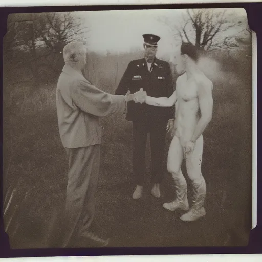 Prompt: old polaroid depicting a handshake between a us military general and a grey alien, at a clearing, at dusk