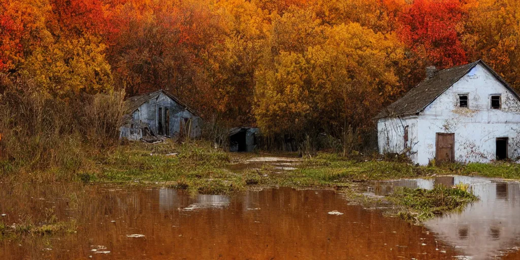 Image similar to abandoned village, autumn, flood, very detailed