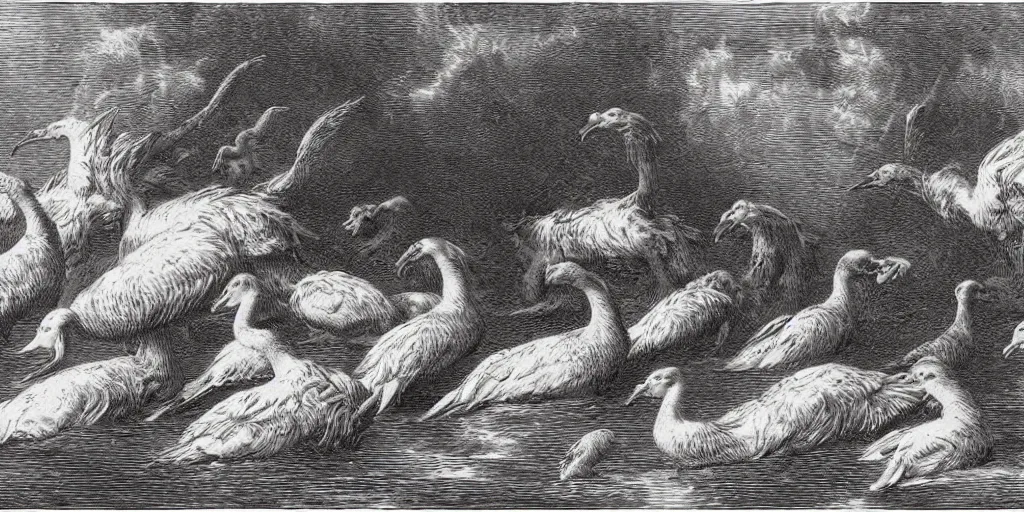 Image similar to cerberus with angry geese as its heads, guarding the gates of hell, art by gustave dore