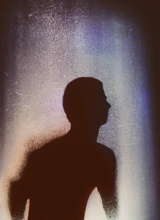 Prompt: crystallized human silhouette, large diffused glowing aura, long exposure, film grain, cinematic lighting, concept art, maximum detail, cgsociety, underwater, reflections, mirror, refraction