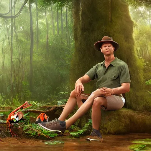 Image similar to Tom Hanks as forrest gump sitting on a giant shrimp in the jungle, realistic digital painting, in the style of Raphael Lacoste, photoreailstic, realistic face, amazing detail, sharp