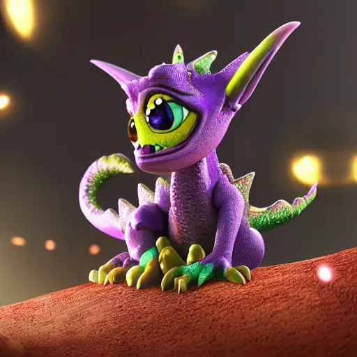 Prompt: adorable baby dragon, the dragon is purple and glittery, big eyes, Pixar CGI, octane render, kawaii