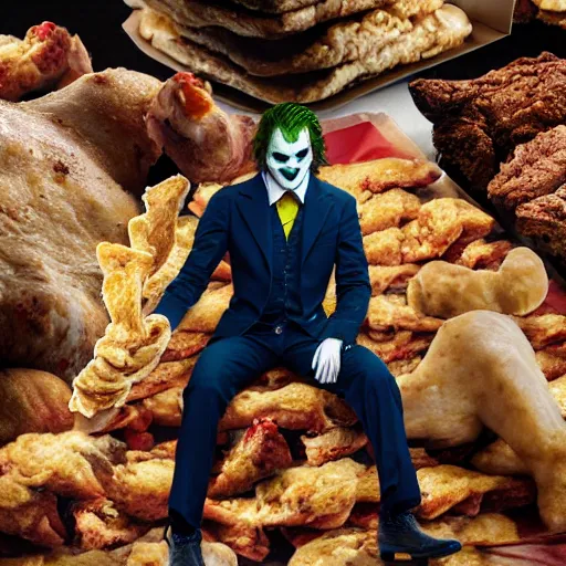 Image similar to cinematic shot of the joker sitting on a gigantic pile of chicken and biscuits in a warehouse, 8 k, very intricate, very detailed,