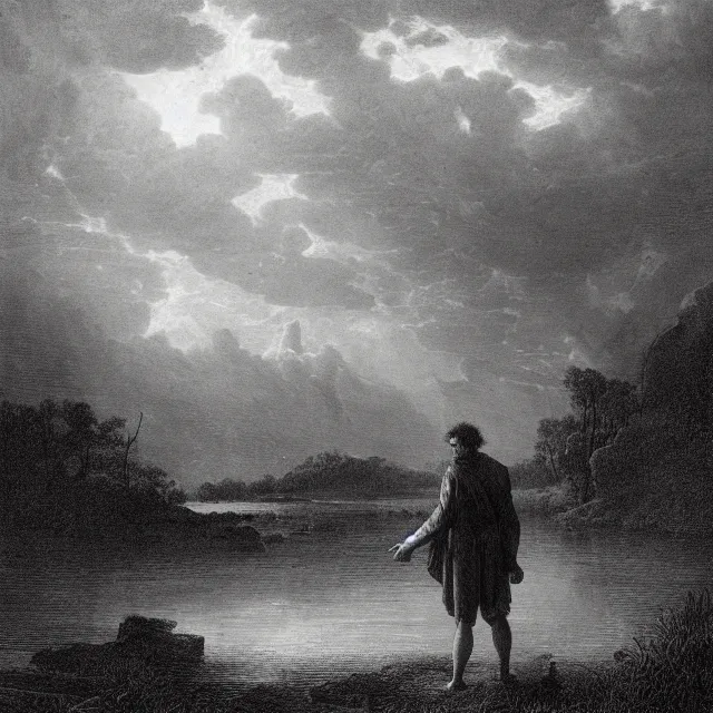 Image similar to an engraving of man in shorts standing in a shallow river by gustave dore, caspar david friedrich, foggy, depth, strong shadows, stormclouds, illuminated focal point, highly detailed