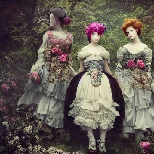 Image similar to 8k, octane render, depth layering, polarizing filter, AI enhanced, realism, tonalism, renaissance, rococo, baroque, group of creepy young ladies wearing long harajuku manga dress with flowers and skulls, background chaotic flowers