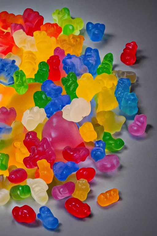 Image similar to still life of a bouquet of soft gummy bears and jelly beans in the shape of different gummy flowers, delicious rubbery transparent translucent squishy gummy sweets, soft gummy light, highly detailed, close up, northern renaissance