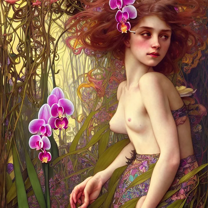 Image similar to psychedelic portrait of girl surrounded by orchids, diffuse lighting, fantasy, intricate, elegant, highly detailed, lifelike, photorealistic, digital painting, artstation, illustration, concept art, smooth, sharp focus, art by John Collier and Albert Aublet and Krenz Cushart and Artem Demura and Alphonse Mucha