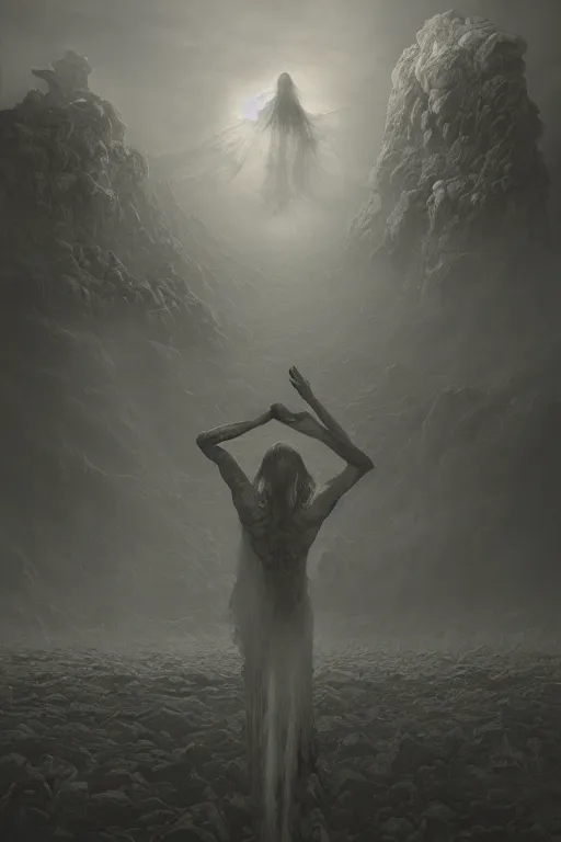 Prompt: Surreal Shinigami god, fairy dust, photo realistic, highly detailed, mist, trending on artstation, ultra realistic, octane render by Gerald Brom and Zdzisław Beksiński