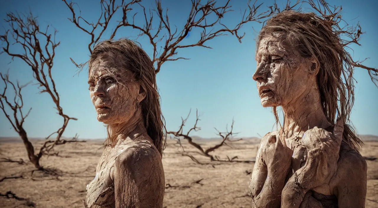 Image similar to close-up of a crying ancient dried up goddess, peaceful, facing the camera and standing in front of a dried up river in a desolate land, dead trees, blue sky, hot and sunny, highly-detailed, elegant, dramatic lighting, artstation, 4k, cinematic landscape, photograph by Elisabeth Gadd