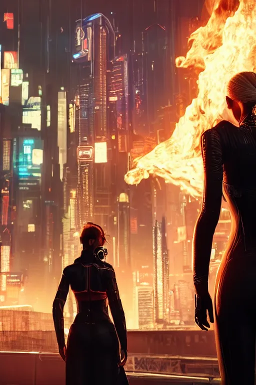 Image similar to in the foreground a cyberpunk city, in the background a beautiful young blonde woman from behind playing with flames coming out of her skin wearing a long matrix-style jacket, realistic, high definition, many details, dramatic scene, symmetrical face, realistic eyes , cyberpunk art 2077