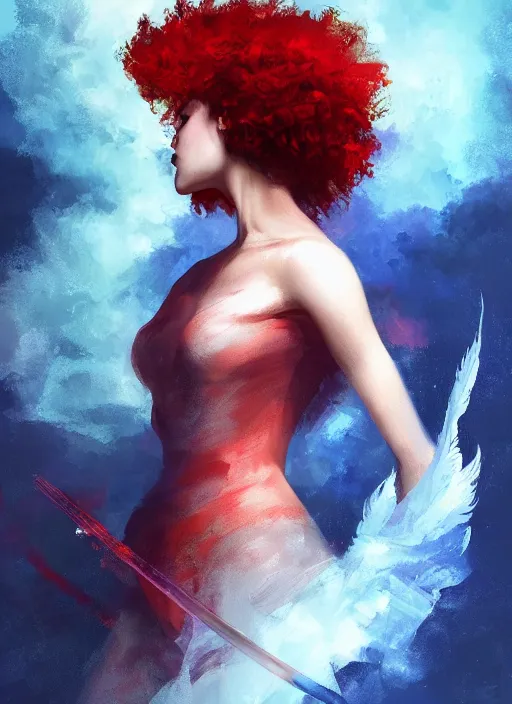 Image similar to a painting of a woman who made of curly and transparent feathers cloud with red edges is holding a sword, a digital painting by charlie bowater, made of many translucent layers of blue, metaphysical painting, speedpainting, digital painting, holographic undertones, highly saturated colors, 4 k, digital art, concept art, trending on artstation