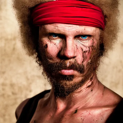 Prompt: photo portrait of an rugged strong albino african pirate with a red headband | brown brown!!!!! vest | young adult, thin blonde mustache thin beard, big fluffy big afro blonde hair, stern face, rugged and dirty, cinematic lighting at sundawn, movie color grading