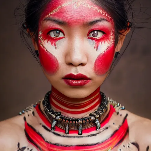 Image similar to portrait of a stunningly beautiful asian tribal female, red facepaint over the eyes in a wide stripe, depth of field, zeiss lens, detailed, symmetrical, centered, fashion photoshoot, by Annie Leibovitz and Steve McCurry, David Lazar, Jimmy Nelsson, Breathtaking, 8k resolution, extremely detailed, beautiful, establishing shot, artistic, hyperrealistic, beautiful face, octane render