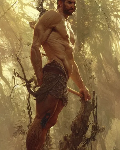 Image similar to god of the forest, 3 0 years old, rugged, male, gorgeous, detailed face, amazing, thighs!!!!!!, muscular, intricate, highly detailed, digital painting, artstation, concept art, sharp focus, illustration, art by greg rutkowski and alphonse mucha