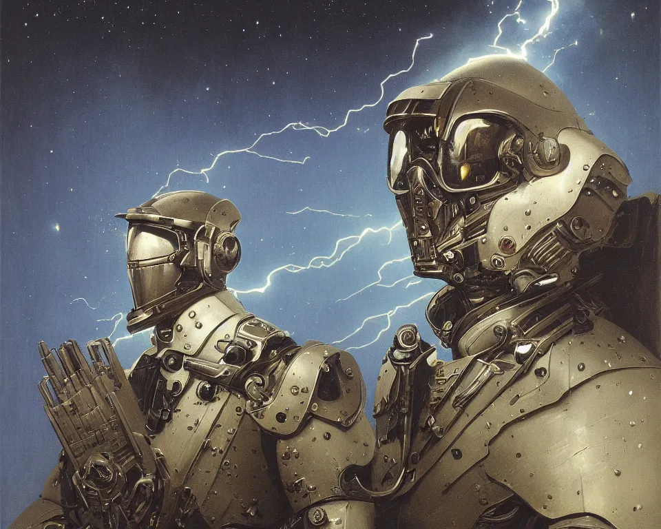 Prompt: a detailed portrait painting of a bounty hunter in combat armour and visor. Smoke. cinematic sci-fi poster. Cloth and metal. Flight suit, accurate anatomy portrait symmetrical. science fiction theme with lightning, aurora lighting clouds and stars. Futurism by beksinski carl spitzweg moebius and tuomas korpi. baroque elements. baroque element. intricate artwork by caravaggio. Oil painting. Trending on artstation. 8k