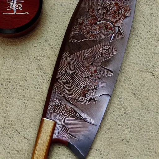 Image similar to Japanese knife, Japanese knife design, fancy Japanese knife carving, Japanese themes, knife etching