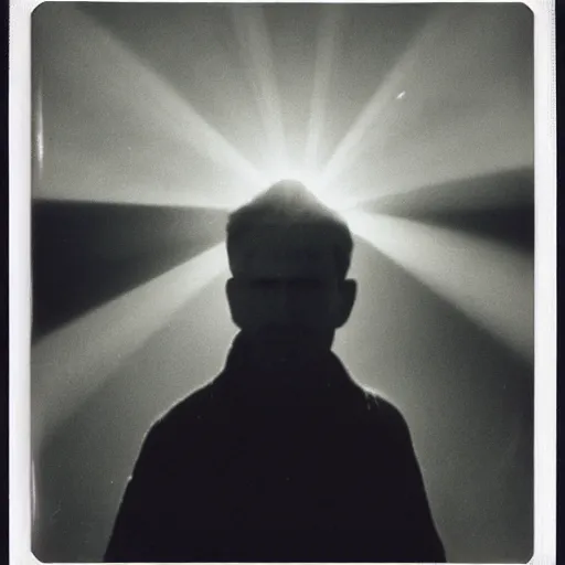 Image similar to wide angle, old polaroid of a man being illuminated by few sun rays, black and white