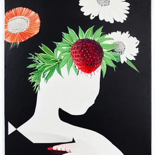 Prompt: “art in an Australian artist’s apartment, portrait of a depressed woman wearing white silk cloth stained by fresh raspberries and strawberries and blueberries, white wax, edible flowers, Japanese pottery, Australian native flannel flowers ikebana, black walls, acrylic and spray paint and oilstick on canvas”