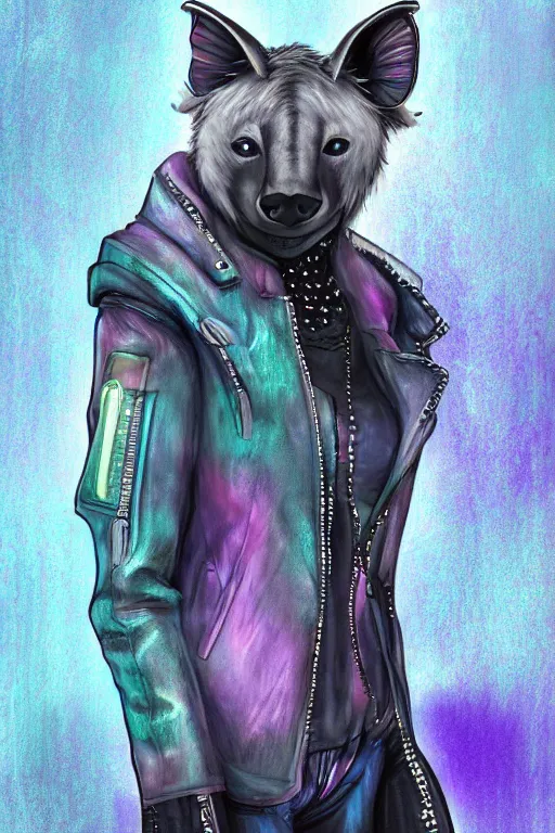 Image similar to digital painting of anthromorphic hyena female, fursona, furry fandom, neon rainy cyberpunk setting, anthro, wearing cyberpunk leather jacket, detailed face,