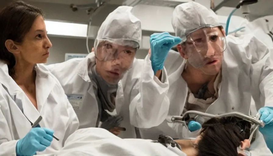 Image similar to big budget horror movie about cyborgs performing illegal organ transplants, while one beautiful female scientist watches in horror from the side