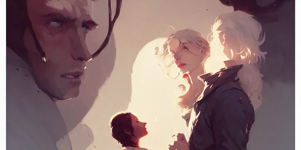 Image similar to portrait of cullen with a beautiful woman he loves by atey ghailan, by greg rutkowski, by greg tocchini, by james gilleard, by joe fenton, by kaethe butcher, dynamic lighting, gradient light blue, brown, blonde cream and white color scheme, grunge aesthetic