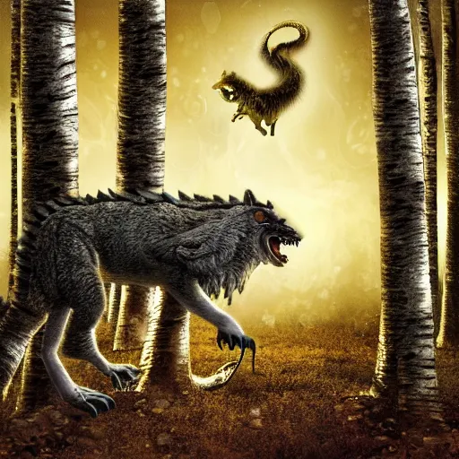 Image similar to Furred chimera with crocodile's body and a wolve's head, set within a birch tree swamp, illuminated by full moon, professional photoshop artwork, highly detailed