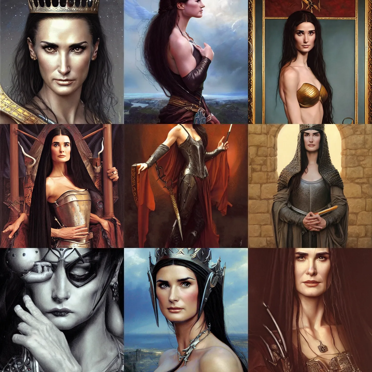 Prompt: Young Demi Moore as a beautiful Medieval Queen by Gerald Brom +Mark Arian +Stanley Artgerm Lau +WLOP , extremely detailed , hyper realistic ,smooth, sharp focus