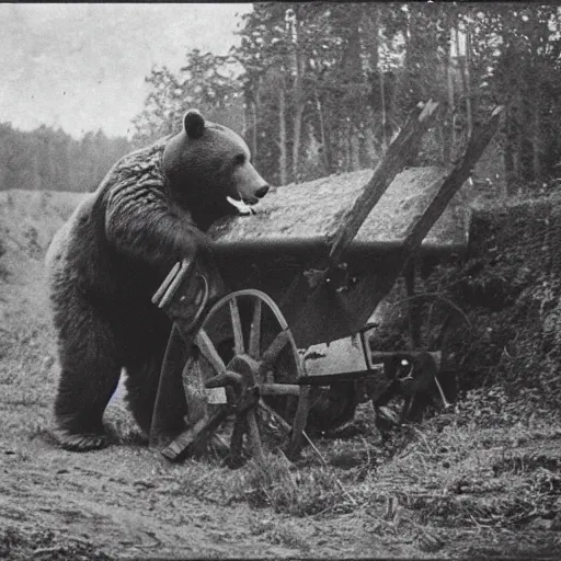 Image similar to a picture of a giant bear pulling a canon, eastern front, historical picture