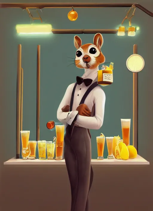 Prompt: squirrel anthro as a dapper bartender with a big fluffy tail, retro futurism, art deco, detailed painterly digital art by Goro Fujita, 🐿🍸🍋, furaffinity, trending on artstation