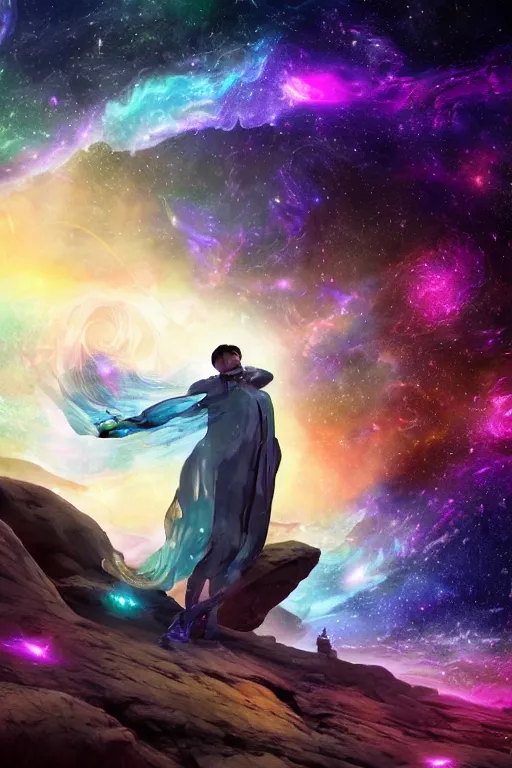 Prompt: galaxy bender experiencing the quantum field, elevated consciousness, beautiful astrological neural network, matte painting and tim burton comic book art, twist of time, realistic, trending on artstation, sharp focus, depth of field, cinematic composition, physics splashes of colors, science fiction