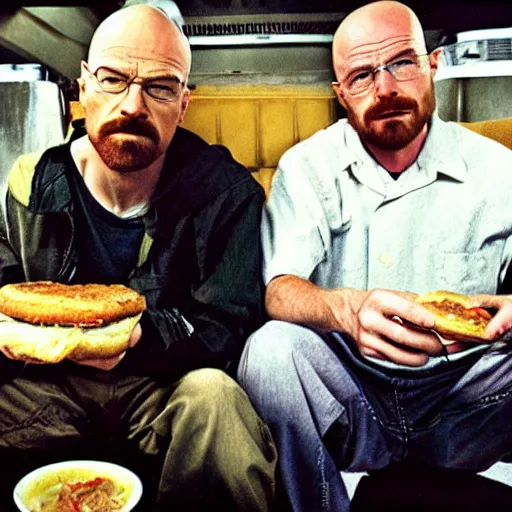 Image similar to walter white and jesse pinkman eating hamburger