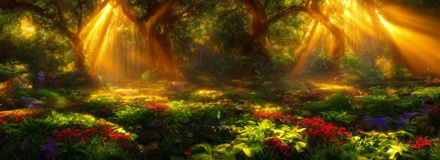 Image similar to photograph of enchanted garden, with rays of light by marc adamus, highly detailed, intricate detail, cinematic lighting