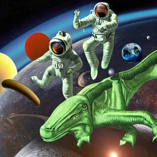 Image similar to Astronauts are having a party with green aliens and some dinosaurs on Saturn's ring, digital art, trending on Artstation,
