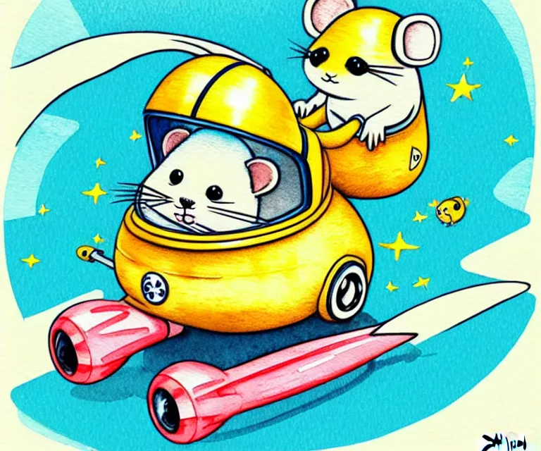 Prompt: cute and funny, hamster wearing a helmet riding in a tiny rocket ship, ratfink style by ed roth, centered award winning watercolor pen illustration, isometric illustration by chihiro iwasaki, edited by range murata, tiny details by artgerm and watercolor girl, symmetrically isometrically centered, focused