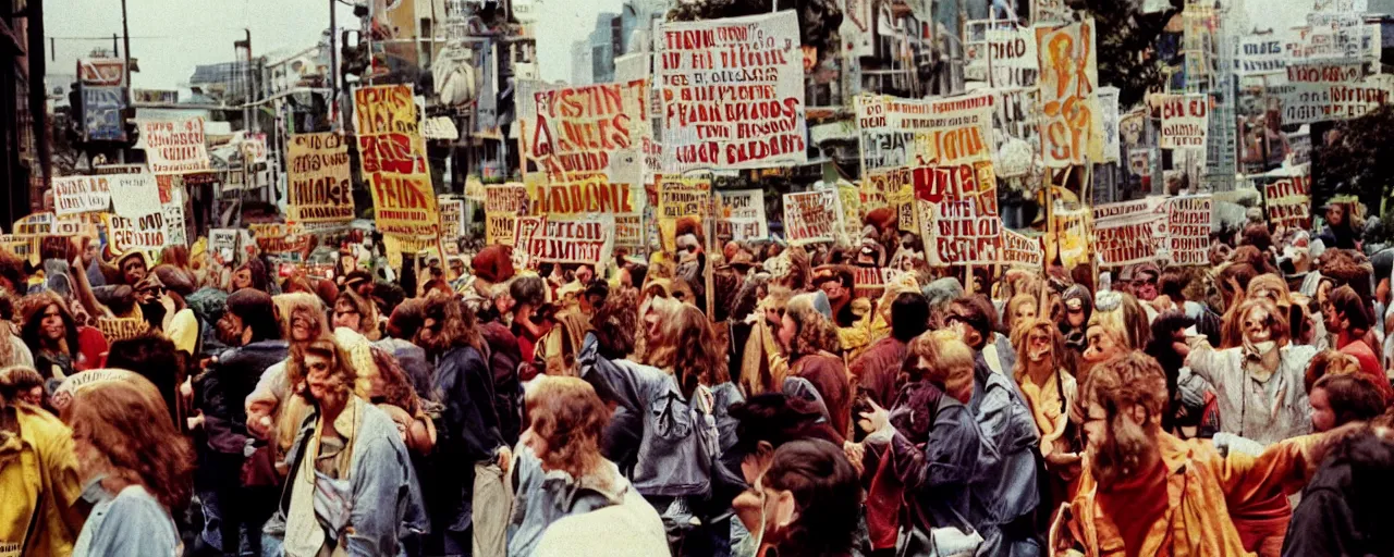 Image similar to hippies protesting with spaghetti signs, 1 9 6 0's,, high detail, canon 5 0 mm, cinematic lighting, photography, retro, film, kodachrome