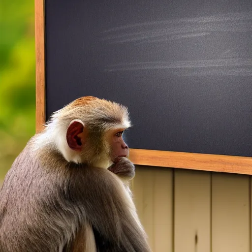 Prompt: Photograph of a monkey looking at a blackboard, but the monkey is confused. Detailed photo, realistic, 4k