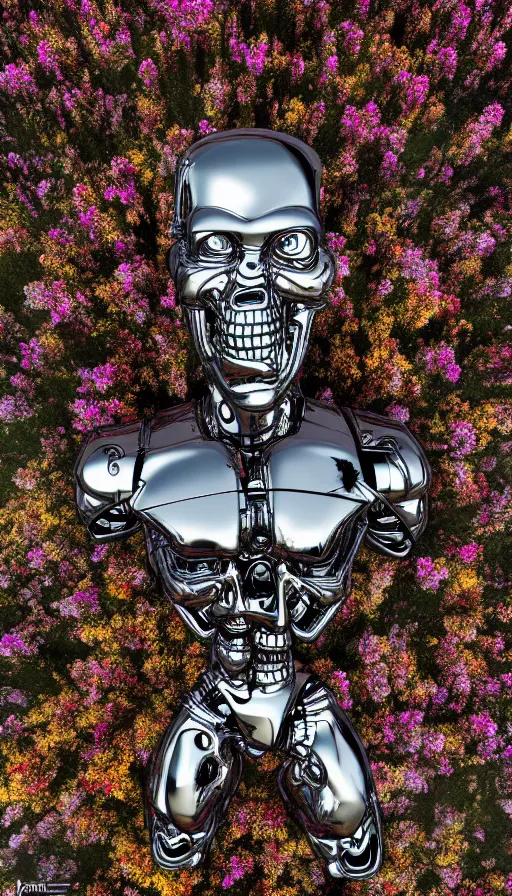 Image similar to destroyed terminator lying in a field of flowers, twisted metal, chrome, reflections, earth, terrible, anthropomorphic, photorealism, smoke, metal, 8 k, surreal, wires, smooth, sharp focus, top view, extremely detailed, ultra - realism, elegant, establishing shot, epic, by jeff koons, artgerm and greg rutkowski