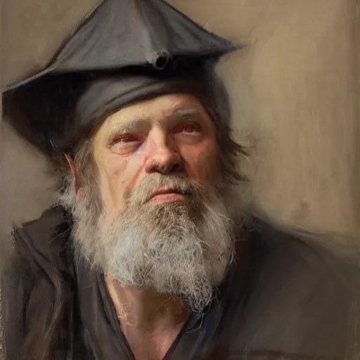 Image similar to Solomon Joseph Solomon and Richard Schmid and Jeremy Lipking victorian genre painting portrait painting of a old rugged actor wizard wearing a wizard hat and robe from the hobbit , red background