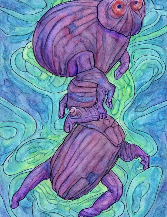 Prompt: tardigrade goddess, soft shading, dynamic lighting, watercolor and colored pencils, religious and spiritual themes
