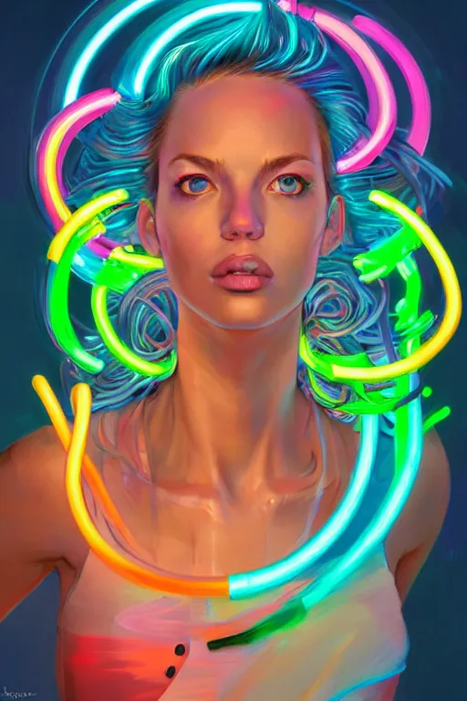 Image similar to a award winning half body portrait of a beautiful woman with stunning eyes in a croptop and cargo pants with rainbow colored hair, outlined by whirling illuminated neon lines and fine lines swirling in circles by jesper ejsing, rhads, makoto, shinkai, lois van baarle, digital art, trending on artstation