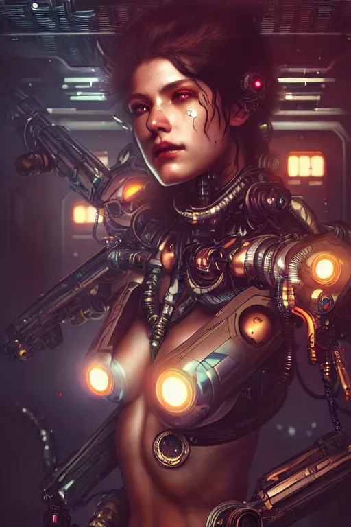 Image similar to ultra realistic, beautiful female cyborg in a crowded smoky cyberpunk club in space megalopolis, sci - fi, intricate details, eerie, highly detailed, octane render, 8 k, art by artgerm and alphonse mucha and greg rutkowski