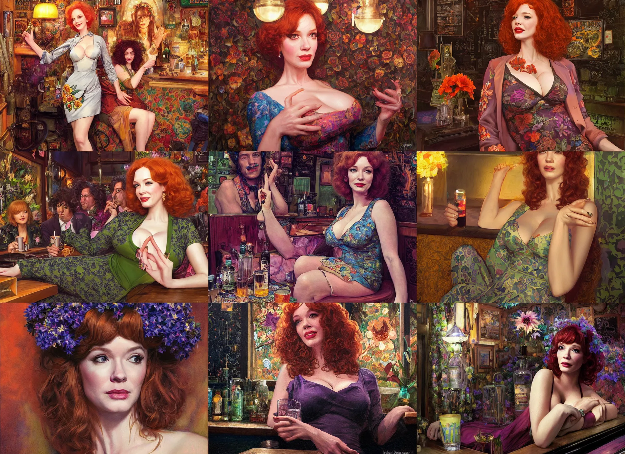 Image similar to Christina Hendricks as a 1960s flower power hippy relaxing in a smokey dark bar, elegant, highly detailed, depth of field, Artstation, Artgerm, Donato Giancola and Joseph Christian Leyendecker