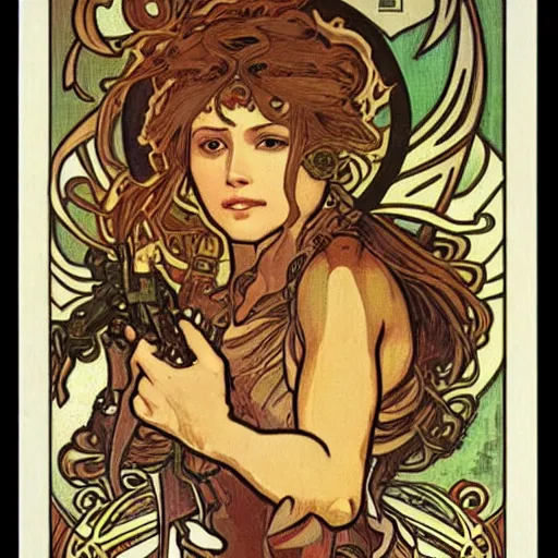 Image similar to Metroid by Alphonse Mucha, high detail, peaceful colors, tarot card