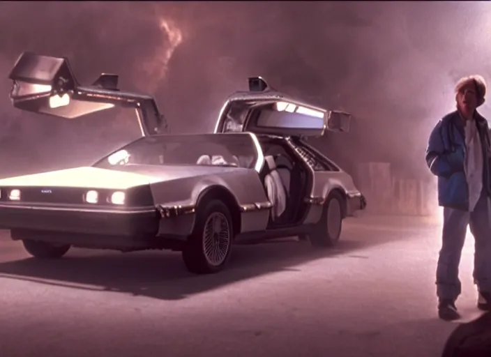 Image similar to screenshot from the iconic scene from the lost Back to the Future film directed by Martin Scorsese, cinematic lighting, unsettling set design with extreme detail, moody cinematography, with anamorphic lenses, crisp, detailed, 4k image, starring Marty Mcfly