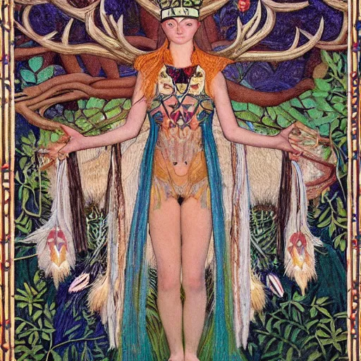 Image similar to queen of the forest wearing an antler crown, by Annie Swynnerton and Nicholas Roerich and Tino Rodriguez, embroidered robes, floral tattoos, bioluminescent skin!, elaborate costume, geometric ornament, symbolist, soft colors, dramatic lighting, smooth, sharp focus, extremely detailed