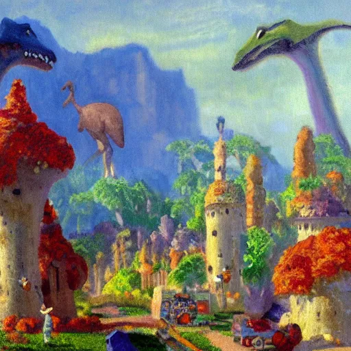 Image similar to impressionist painting of a utopian stone city with dinosaurs